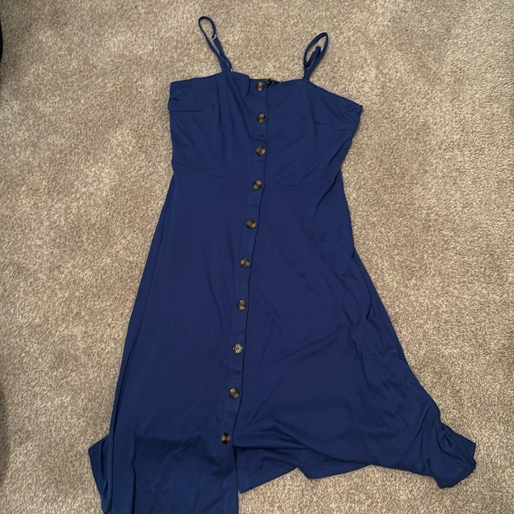 BRAND NEW blue button down dress in front, adjustable spaghetti straps.